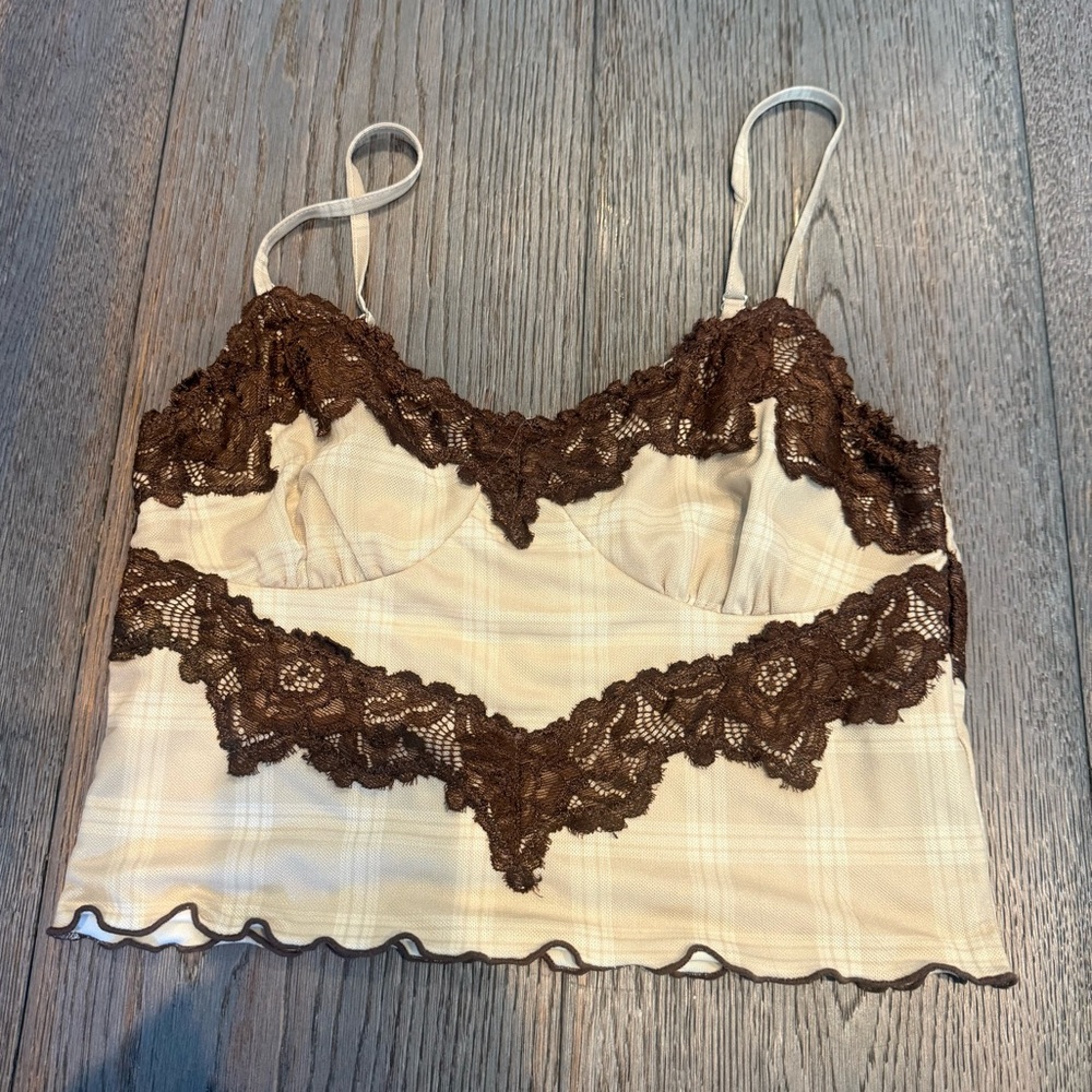 Tiger Mist Cream and Brown Lace-Trim Satin Camisole